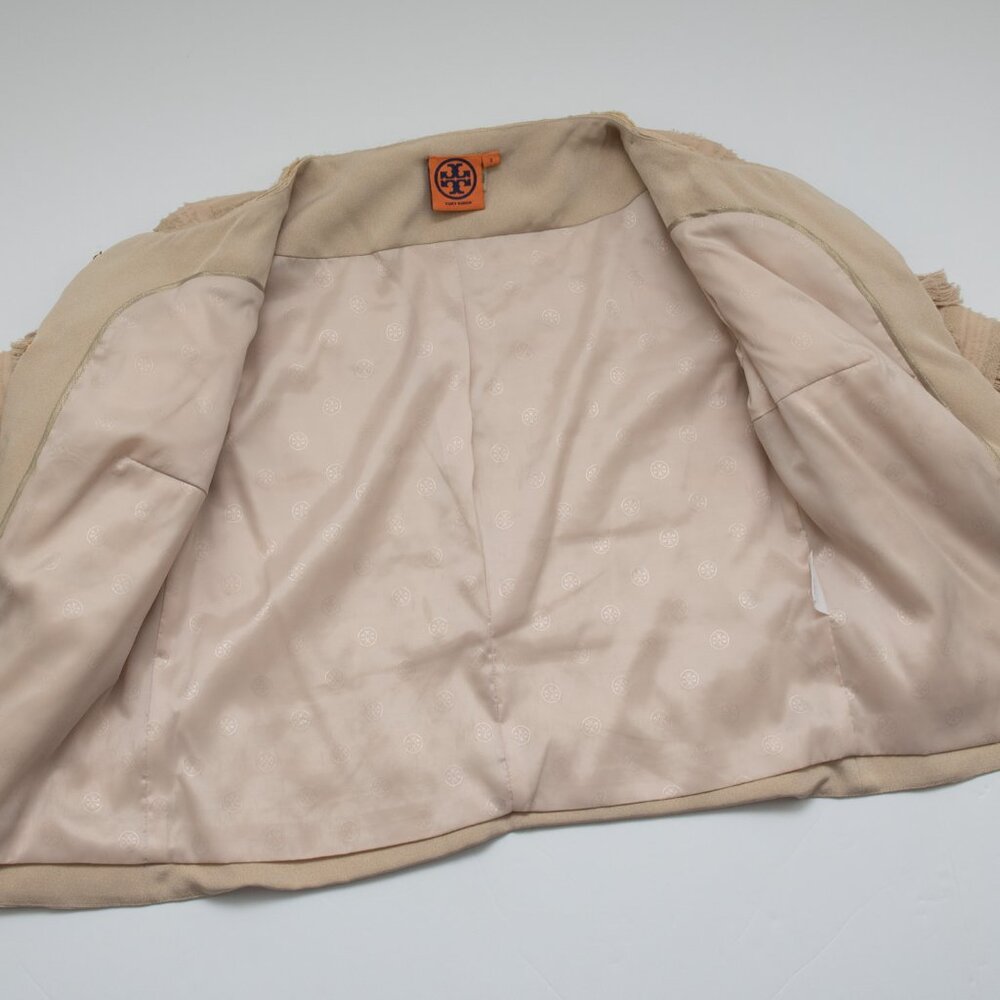 Tory Burch Julian Fringe Jacket Statement Coat Evening Silk Khaki Nude Size 2 - Picture 7 of 8